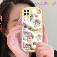 Jjlingji เคสสำหรับ OPPO A15 A15s A35 4G เคสแฟชั่น3D ดอกไม้นำโชคดีไซน์ใหม่คอลเลอร์ขอบคลื่นนุ่มเคสมือถือกันกระแทกแบบใสสร้างสรรค์เคสโปร่งใสลายกล้องถ่ายรูปซิลิกาเจลป้องกัน