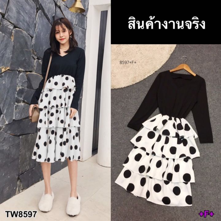 tw8597-dress-ชุดเดรสแขนยาว-ด้านบนเป็นผ้าคอตตอนสีดำ