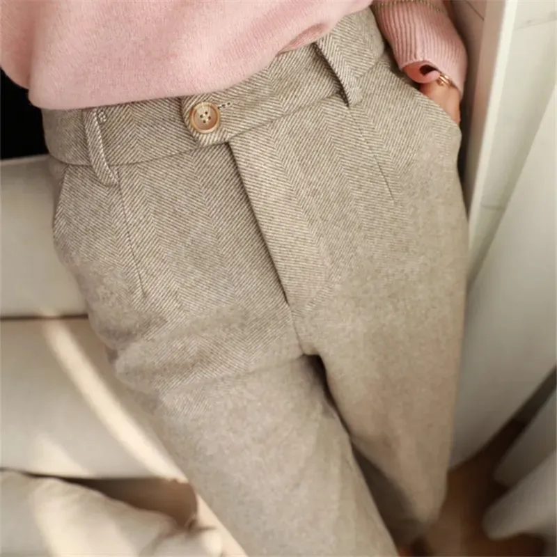 Woolen Pants Women's Harem Pencil Pants 2022 Autumn Winter High Waisted  Casual Suit Pants Office Lady Women Trousers