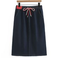 Plus Size Women Calf Length Denim Skirts Oversized Curve Clothes VINTAGE Drawstring High Waist Stretch Bottoms Summer 2023