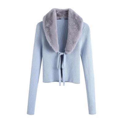 XNWMNZ Za Women Fashion Patchwork Faux Fur Knitted Cardigan Sweater Vintage With Tied Female Long Sleeve Outerwear Chic Tops