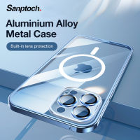 Sanptoch เคสโทรศัพท์โลหะผสมอลูมิเนียมแม่เหล็กสำหรับ iPhone 14/13/12 Pro Max ตัวป้องกันเลนส์กระจกในตัวสำหรับ iPhone 14 Plus ปลอกใสกันกระแทกแบบบาง