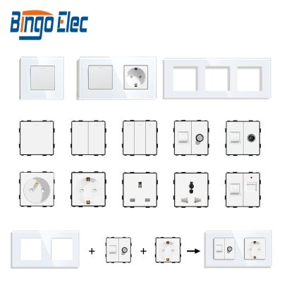 Bingoelec DIY UK EU Standard TV Satellite USB Socket Button Switch With Crystal Glass Frame Panel White Home Improvement