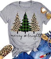 Merry and Bright T-Shirt Tees Women Funny Leopard Printed Plaid Christmas Trees Shirts Letter Print Xmas Graphic Tees