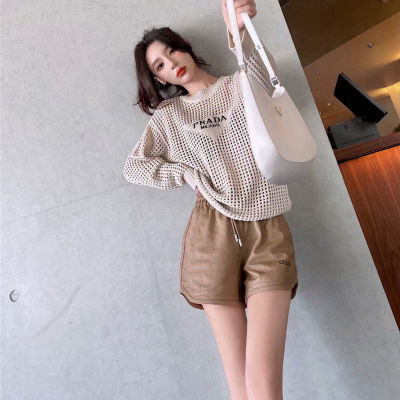 Original PRADAˉ Autumn New Embroidery Hollow Out Sexy Loose Knit Sweater for Women Perspective Hollow Thin Pullover Women Knit Sweater