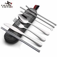 8pcs/set Tableware Reusable Travel Cutlery Set Camp Utensils Set with stainless steel Spoon Fork Chopsticks Straw Portable Case Flatware Sets