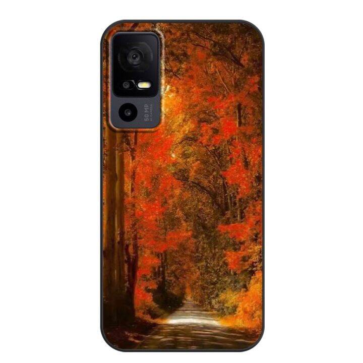 cute-case-for-tcl-40r-5g-case-back-phone-cover-protective-soft-silicone-black-tpu-fox-autumn-leaves