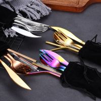 4/7pcs Set 304 Stainless Steel Tableware Reusable Travel Dinnerware Cutlery Set Camp Utensils Set Spoon Fork Straw Portable Bag Flatware Sets