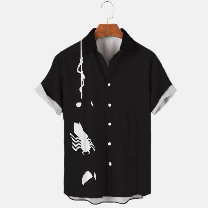 เสื้อยืดพิมพ์ลายดิจิทัลแนวฮาวายสำหรับผู้ชาย-เสื้อมีกระดุมพิมพ์ลายดิจิทัลแนวสยองขวัญชายหาดแนวฮาวายลำลองทรงหลวมเสื้อเชิ้ตฤดูร้อน
