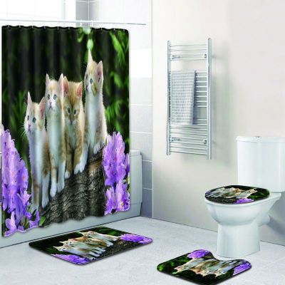 Zeegle Cat Pattern Mat for Bathroom WC Carpet Set 4PCS with Shower Curtain Microfiber Door Mats Toilet Rug Non Slip Floor Mats