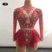 Fashion Rhinestone Pink Red Ruffle Bodysuit Women Big Stretch Nightclub Prom Bar Concert Costume Stage Singer Show Dance Leotard