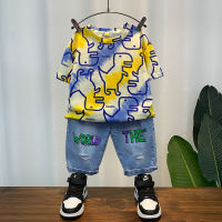 Boys Cool Handsome Summer Wear Suit Fried Street Western Style Boys Short-Sleeved T-Shirt Baby Childrens Denim Shorts Fashionable Childrens Clothing