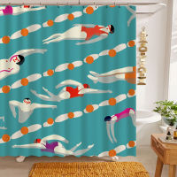 Swimming Theme Shower Curtain Cartoon Printing Partition Hanging Water Resistance Fabric for Bath Home Bathroom Decor