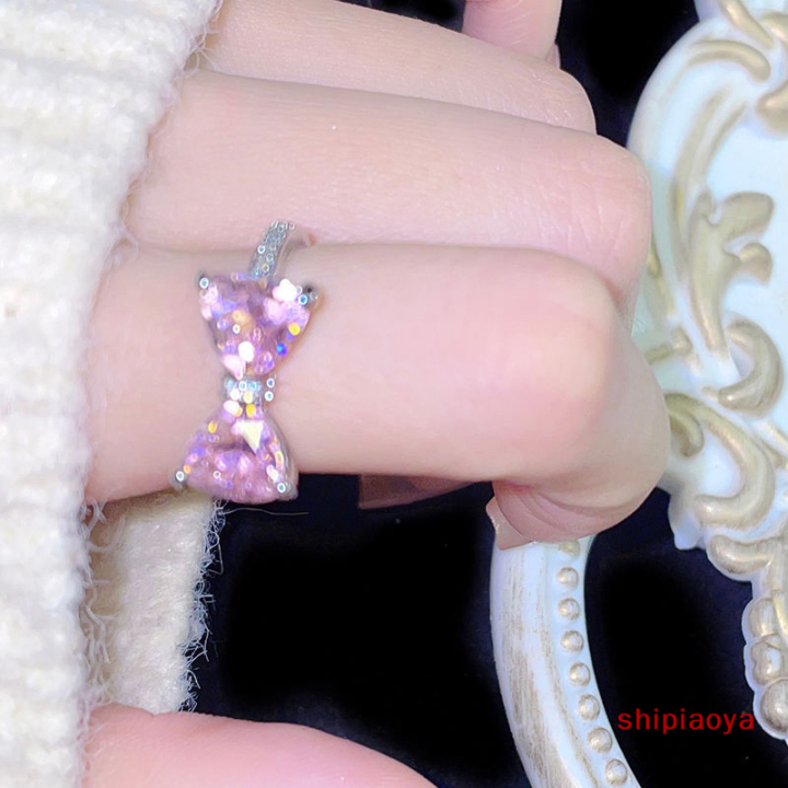 shipiaoya-แหวนสีชมพูเจ้าหญิงน่ารักปรับแหวนโบว์ได้เครื่องประดับแหวนเพชรสไตล์-ins-หวานสำหรับผู้หญิงอุปกรณ์ของขวัญวันเกิด