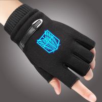 ஐ New Autumn Winter Luminous Anime Attack On Titan Prints Fleece Lined Warm Knitted Fingerless Gloves For Men Women