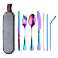 8Pcs/set Tableware Reusable Travel Cutlery Set Camp Utensils Set with stainless steel Spoon Fork Chopsticks Straw Portable case Flatware Sets