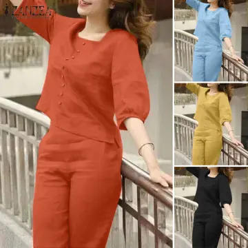 HijabFab ZANZEA Terno Outfit for Women Casual Sets O-Neck Short Sleeve Tops  Loose Wide Leg Straight Pants Suits #15 #23-5