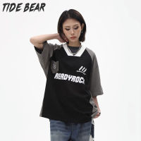 TIDE BEAR เสื้อยืดผ้าฝ้ายพลัสไซส์,เสื้อแขนสั้นลำลองทรงหลวมเสื้อบล็อกสี