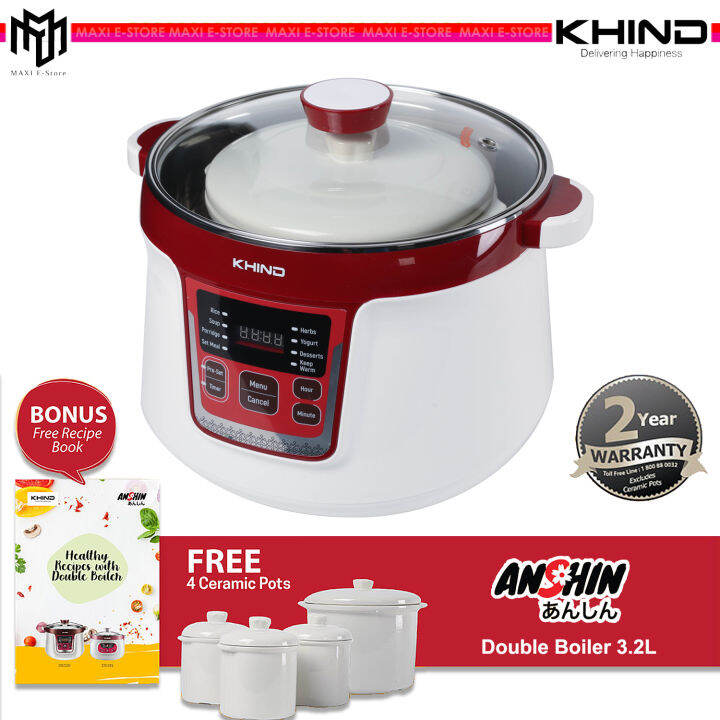 Khind 3.2L Double Boiler DB32N FREE 4 Ceramic Pot Lazada