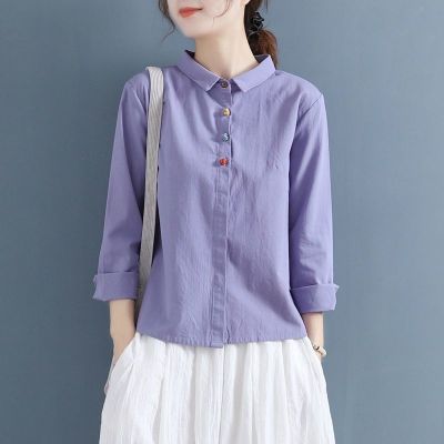 เสื้อเชิ้ตแขนยาวผ้าฝ้ายลินินสำหรับผู้หญิงฤดูใบไม้ผลิฤดูใบไม้ร่วง Simple Button Lapel Solid Color Long Sleeve Shirt