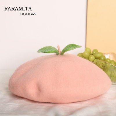 Faramita Holiday Peach Cute Fruit Matte Women Girls Handmade Berets French Beret Pink Winte Autumn Paninter Hats Wool Kids child