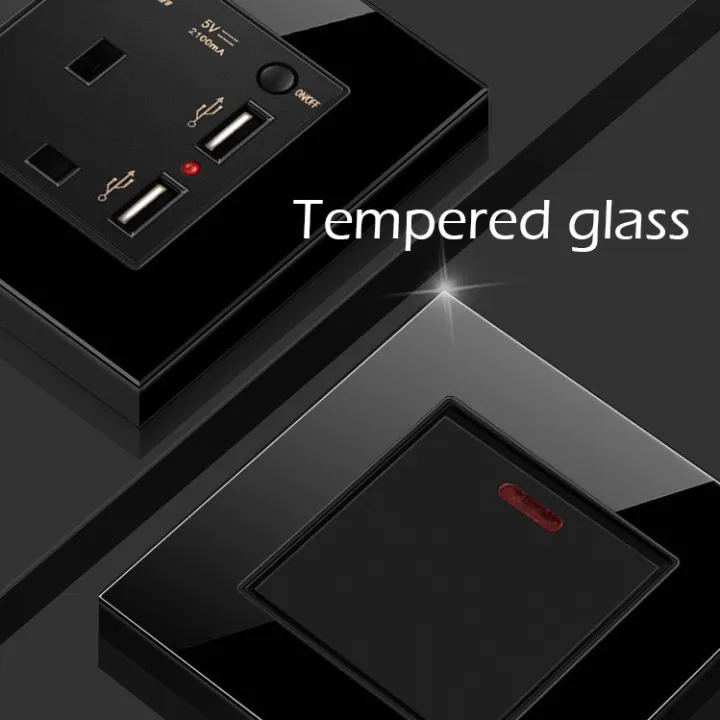 Atlectric UK Power Socket Wall Electrical Plug Socket Light Switch Black Tempered Glass with LED