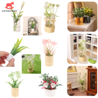 1:12 Dollhouse Miniature Potted Plant แจกันแก้วสีขาวดอกไม้สีเขียว Leafd Plant เฟอร์นิเจอร์ตกแต่ง Toy