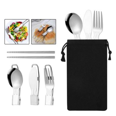 Portable Fold Stainless Steel Spoon Fork Knife Set With Cloth Bag Dinnerware Outdoor Picnic Camping Travel Cutlery Flatware Sets