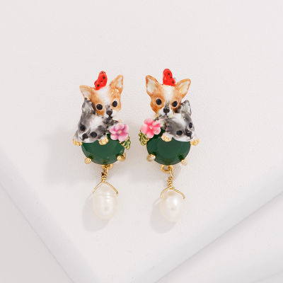 Jaeeyin 2021 Fashion Jewelry Dog Pet Hand Made Enamel Freshwater Pearl Gold Color Earrings Earring Gift For Women Girl Children