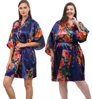 {Xiaoli clothing} 2022ใหม่ผู้หญิง39; S Peony ดอกไม้ผ้าไหม Kimono Navy Robe เจ้าสาวเพื่อนเจ้าสาว Robe Dressing Gown ผู้หญิง39; S เสื้อคลุมอาบน้ำขนาดใหญ่