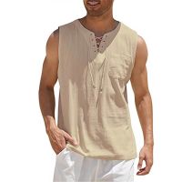 Cotton Linen Shirts Mens Casual Leeveless Vest Bandage Lace Up Blouse Retro V Neck Fashion Loose Shirt Male Solid Color Clothes