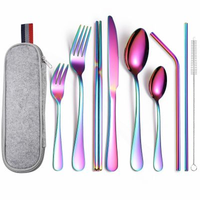 Portable Cutlery Set Stainless Steel Tableware Portable Case Fork Spoon Knife Travel Dinner Set Bag Cutlery Set 9 Pc Dropshiping Flatware Sets