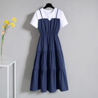 New large fashion suspender fake two piece long dress Fat sister western style belly slimming dress