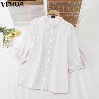 VONDA เสื้อลำลองผู้หญิงลูกไม้ยาวคอตั้งเสื้อสตรีปักลายอารมณ์สีพื้น (ลำลองเกาหลี) #2