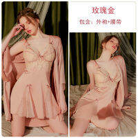 2023 Hot Satin Stitching Lace Plus Chest Pad Tramsparent Yarn Sexy Backless Flounced Sleeve Nightdress Outerwear Gown Homewear Suit 3038