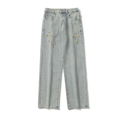 【CC】№☢  Mens jeans European and high street cross embroidery hip-hop tide brand straight loose wide-leg ins hot