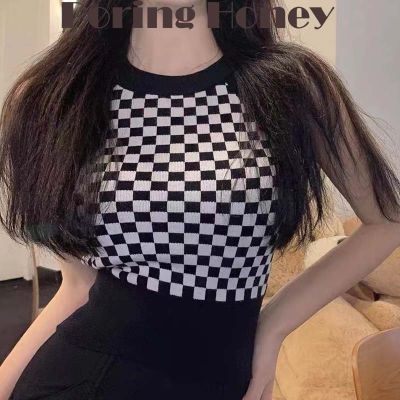 ❣ Boring Honey Crop Top French Halter The Shoulder Base Shirt Short T Chequer Sling