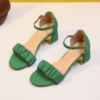 2023 Summer New Style Solid Color Button Strap Open-toe Large Size Sandals Women Thick Heel Versatile Fashion Womens Shoes