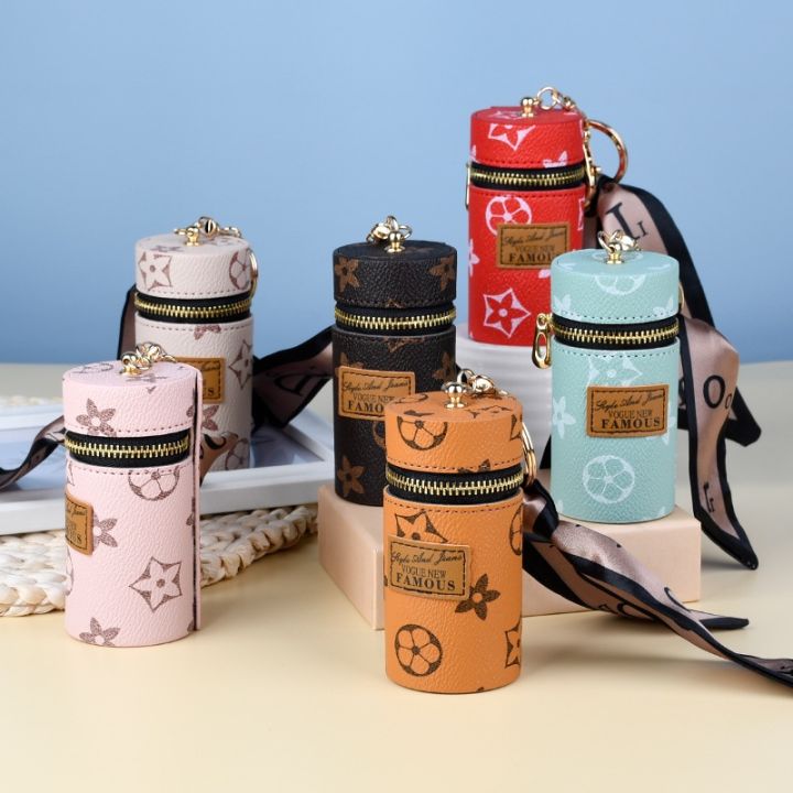 Fashion Design Leather Cylinder Lipstick Bag Portable Zip Coin Purse Mini  Wallet Key Bag Key Chain Pendant Women's Purses