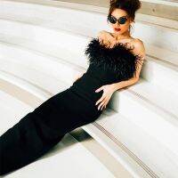 【YF】 2022 Autumn New Arrive Fashion Ostrich Hair Spliced Women Midi Dress Black Color Sexy Strapless Elastic Bandage