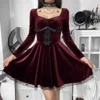 Gothic DressDark A Swing Lace Show Bust Long Sleeve Dress 2023ปักลูกไม้เอวสูงสีดำสั้น DressesGoth Dress