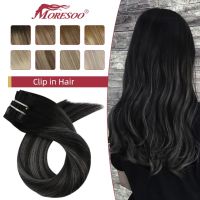 Moresoo Clip in Hair Extensions Real Human Hair Balayage 16-24Inch Double Weft Hairpiece for Women Natural Machine Remy Straight