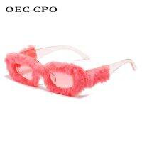 OEC CPO Ladies Square Sunglasses Women 2022 Punk Soft Fur Velvet Pink Sun Glasses Female Colorful Handmade Eyewear UV400 Shades