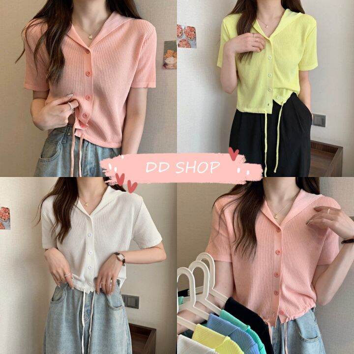 DD SHOP'พร้อมส่ง'91005 เสื้อครอปไหมพรมแขนสั้น มีฮู้ดน่ารักๆสไตล์เกาหลี