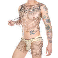 ผู้ชายเซ็กซี่เชียร์แฟลชเพชร Fishnet เสื้อกั๊กนักมวยกางเกงขาสั้นสูทโป๊โปร่งใสบุคลิกภาพแสดงเครื่องแต่งกายเพศเสื้อยืด