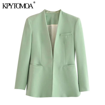 KPYTOMOA Women  Fashion Office Wear Collarless Blazer Coat Vintage Long Sleeve Welt Pockets Female Outerwear Chic Veste