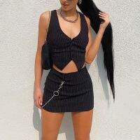 Leisure joker dress sexy midriff vest short skirt of tall waist fission two-piece striped suit up and down