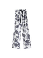 Black Leaf Flower Print Casual Womens Wide Leg Pants Summer New Street Style Cool Female Elastic Waist Straight Thin Trousers