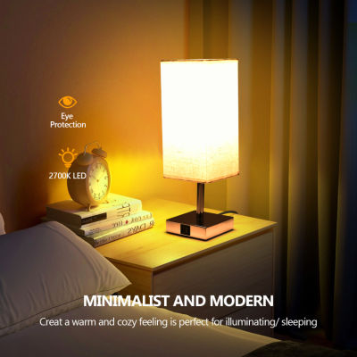 Touch Control Table Lamp with USB Charging Ports, Small Touch Lamp for Bedroom, 3 Way Dimmable Bedside Lamps with Grey Fabric Shade and Silver Base for Living Room (LED Bulb Included)