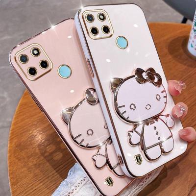 Folding Makeup Mirror Phone Case For OPPO Realme C21 C21Y C25Y  Case Fashion Cartoon Cute Cat Multifunctional Bracket Plating TPU Soft Cover Casing